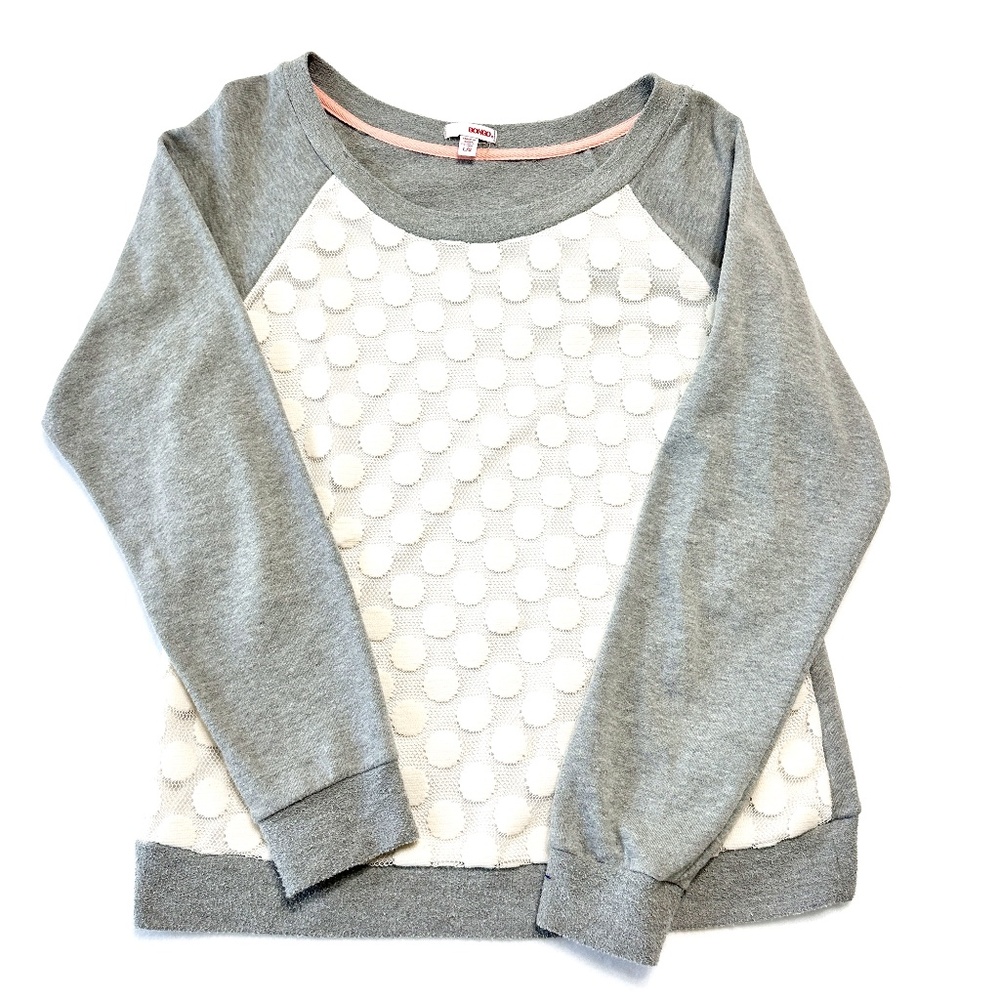 Bongo Polka Dot Sweater Womens Large Gray White Long Sleeve Knit Pullover